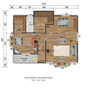 724 zemin kat 155 m2 çizim zemin